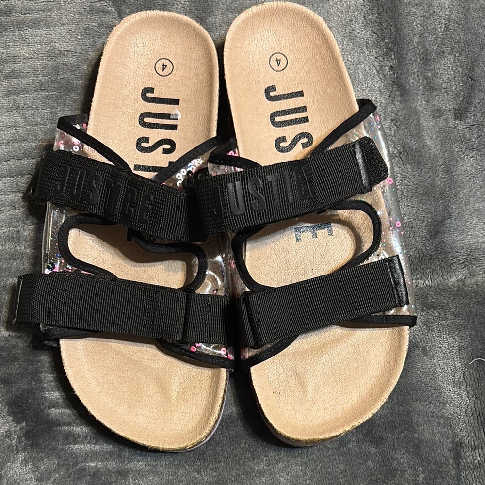 Girls Justice sz4 double black strap cork sandal w/ confetti